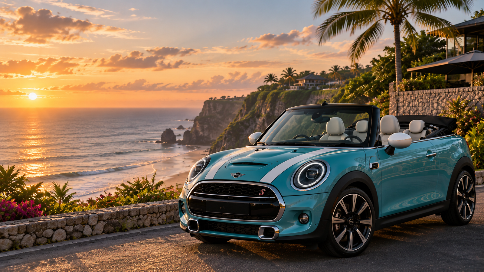 Turquoise MINI Cooper Cabriolet inspired Bali coastal sunset visual